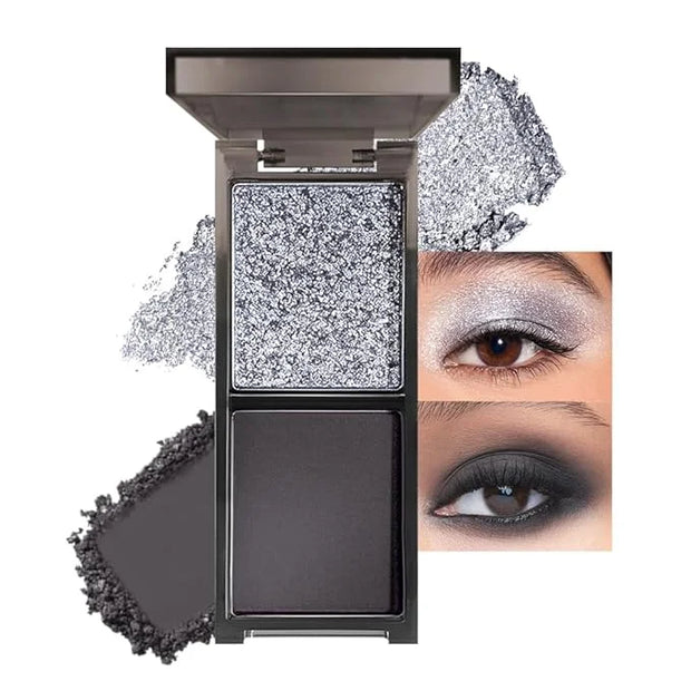 Gray Black Two Color Matte Shimmer Glitter Eyeshadow,Bright High Pigment Eye Shadow Powder,Professional Long-Lasting Water...