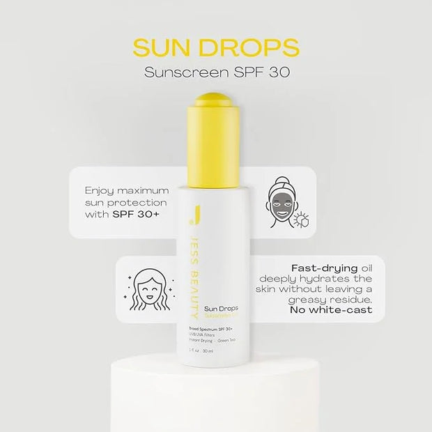 JESS BEAUTY | Face Sunscreen Sun Drops SPF 30 Skin Care Oil with Camellia Sinensis & Squalane | Skincare Fast Drying 1 fl. oz