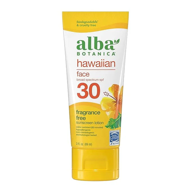 Alba Botanica Sunscreen for Face, Fragrance-Free Hawaiian Face Sunscreen Lotion, Broad Spectrum SPF 30, Water Resistant an...