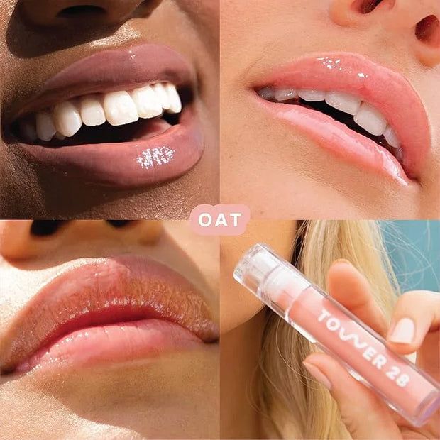 Tower 28 ShineOn Milky Lip Jelly, OAT, Non-Sticky, Hydrating Vegan Lip Gloss in Milky Peachy Pink, Apricot and Raspberry S...