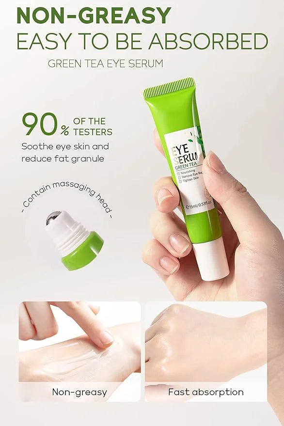 AKARY Green Tea Eye Serum and Under Eye Roller Cream, for Eye Bags Puffiness, Caffeine Eye Cream with 360° Massage Ball Re...