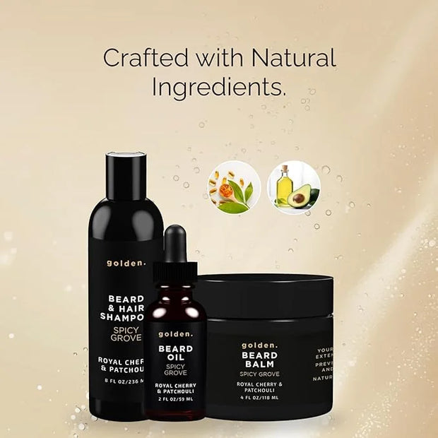 Golden Grooming Co. Everyday Beard Bundle – Complete Beard Care Set | Includes Beard Oil, Balm & Shampoo (XL, Spicy Grove)...