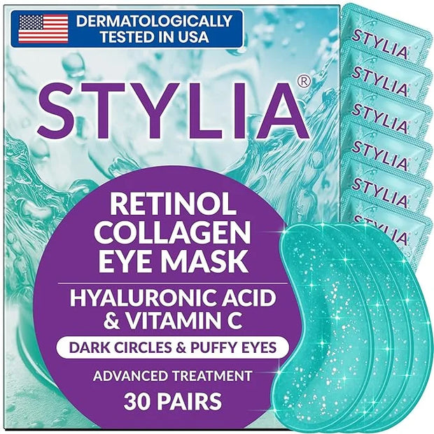 Stylia Under Eye Patches for Puffy Eyes and Dark Circles (30 Pairs) - Marine Collagen Under Eye Mask with Retinol, Vitamin...