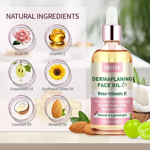 Dermaplaning Kit, Rose & Vitamin E Oil, Shave Oil with Dermaplaning Tools for Women, Facial Razor, Eyebrow Razor, Softens ...