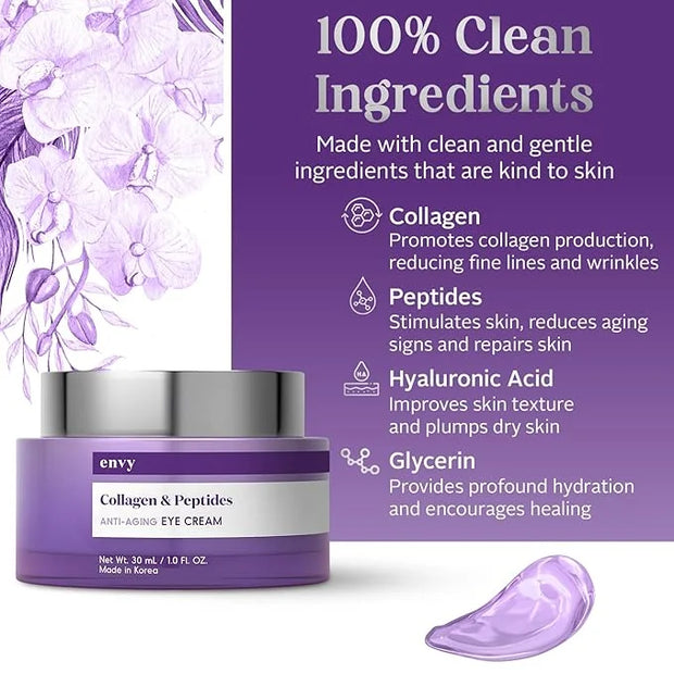 Envy Collagen & Peptides Eye Cream - Reduces Dark Circles, Puffiness & Wrinkles, Moisturizing, Anti-Aging, Rejuvenates, De...