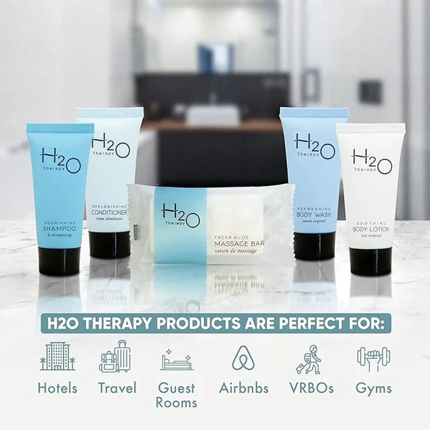 H2O Therapy Hotel Soaps & Toiletries Bulk Set | 1-Shoppe Amenities Kit | 0.85oz Shampoo & Conditioner, Body Wash, Lotion, ...