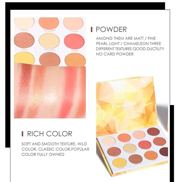 Glitter Matte Orange Yellow Eyeshadow Palette, 12 Colors Shimmer High Pigmented Eyeshadow Makeup Palette Lasting Waterproo...