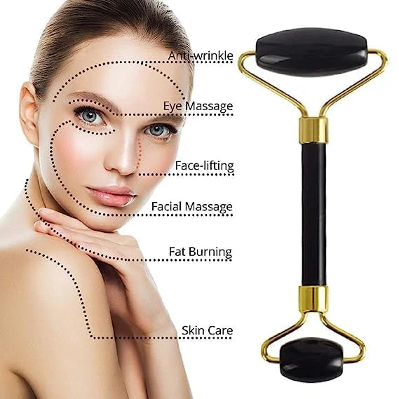 Black Obsidian Jade Facial Roller & Gua Sha Set 100% Natural Source from Highest Altitude of Himalayan Two-Sided Face Neck...