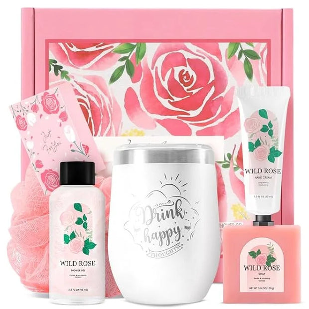 Skin Care Set Muse Lagoon Gift Baskets for Women 5 Pcs Rose Gifts for Her Includes Hand Cream Soap Sponge Shower Gel 355ml...