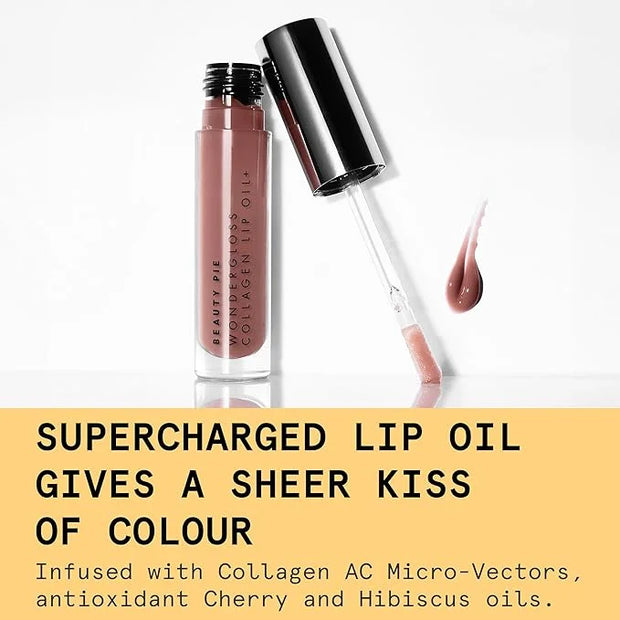 Beauty Pie Wondergloss Collagen Lip Oil + (Nude Nectar) – Hydrating, Plumping, Non-Sticky Gloss with Collagen AC Micro-Vec...
