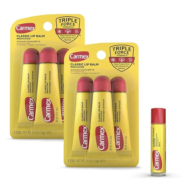 Carmex Classic Medicated Lip Balm Pack, Lip Moisturizer for Chapped Lips, 7 Count (6 Tubes and 1 Stick) - Product Image