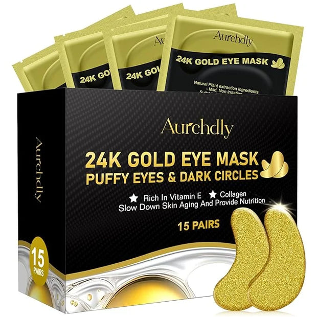 Under Eye Patches(24K Gold 15 Pairs), Gel Eye Mask for Reduce Dark Circles, Puffy Eyes,Undereye Bags, Wrinkles,-with Hyalu...