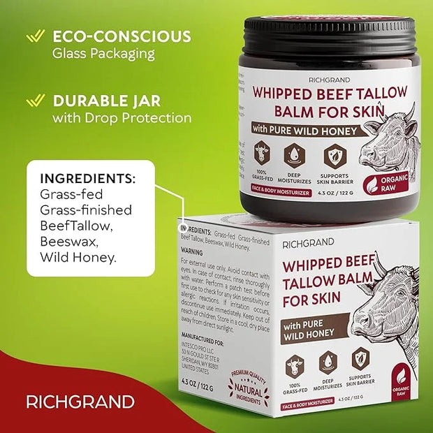 Beef Tallow for Skin - Whipped Grass-Fed Moisturizer with Wild Honey & Beeswax, Natural Face & Body Care, Deep Hydration, ...
