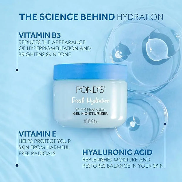 POND'S Hyaluronic Acid, Vitamin E & B3 Gel Face Moisturizer For 24 hour Hydration and Luminous Skin, 3.4 oz - Product Image