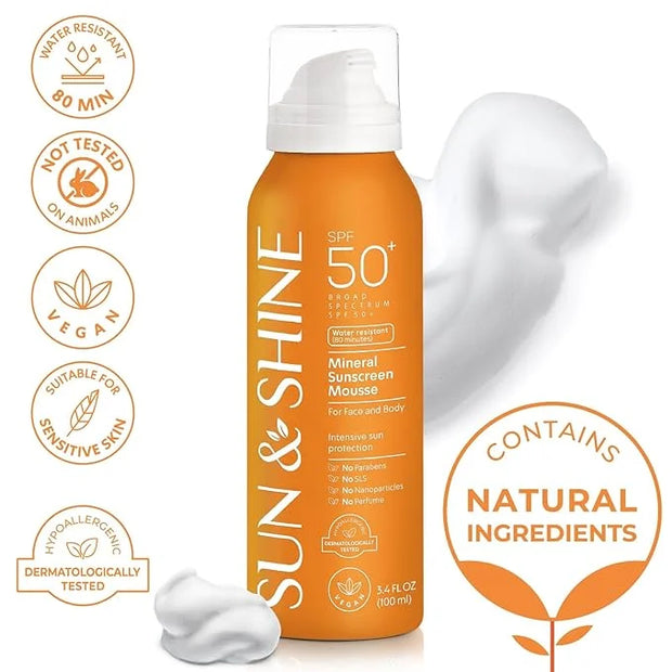 SUN & SHINE MINERAL SUNSCREEN MOUSSE: 100% mineral zinc oxide SPF50 Broad Spectrum UVA UVB, Face Body Protection, Sunburn ...