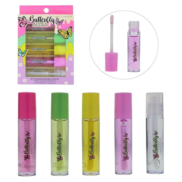 5pc Lip Oil Set - Butterfly Kisses Lip Oils, Lip Healing Lip Oil Collection with Precision Applicator Wand for Everyday Li...