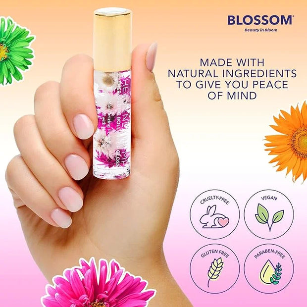 Blossom Roll on Lip Gloss, Scented Clear High Shine Moisturizing Lip Oil, Non Sticky, Infused with Real Flowers, Made in U...