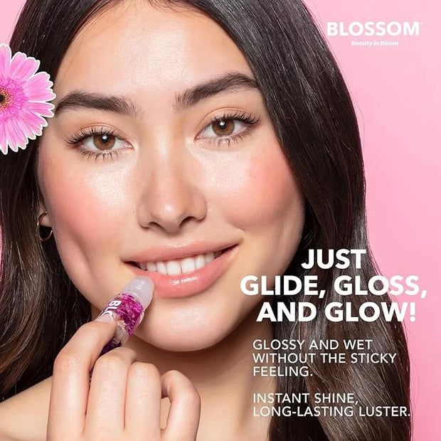 Blossom Roll on Lip Gloss, Scented Clear High Shine Moisturizing Lip Oil, Non Sticky, Infused with Real Flowers, Made in U...