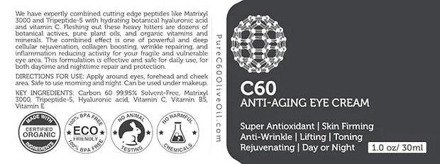 C60 Anti-Aging Eye Cream 30ml with Matrixyl 3000, Tripeptide-5, Hydrating Botanical Hyaluronic Acid and Vitamin C for Men ...