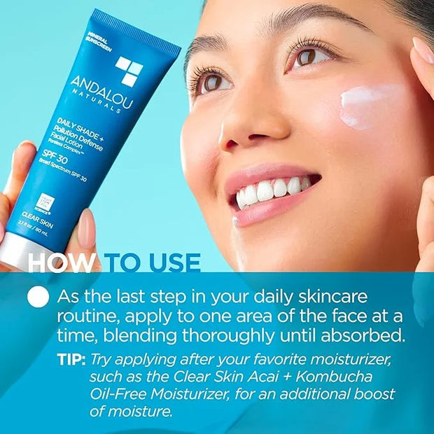 Andalou Naturals Daily Shade Face Sunscreen, SPF 30 Zinc Oxide Mineral Sunscreen, Sun + Pollution Defense Face Lotion, Hel...