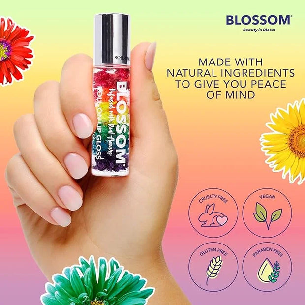 Blossom Roll on Lip Gloss, Scented Clear High Shine Moisturizing Lip Oil, Non Sticky, Infused with Real Flowers, Made in U...