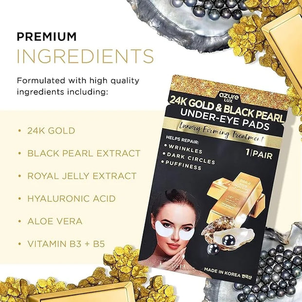 AZURE 24K Gold & Black Pearl Luxury Firming Under Eye Pads - Moisturizing & Restoring Eye Mask Patches - Reduces Fine Line...