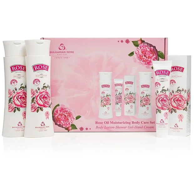 Bulgarian Rose Oil Moisturizing Body Care 3 Piece Gift Set - Natural Rose Body Lotion, Natural Rose Body Wash, Natural Ros...