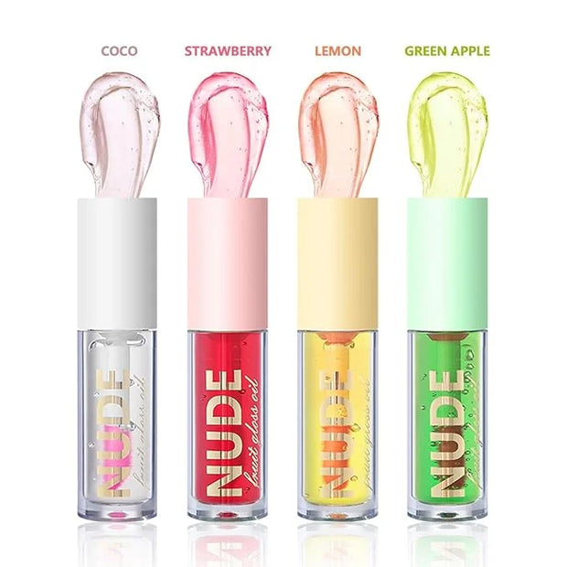 4 Pcs Plumping Lip Oil, Moisturizing Hydrating Lip Glow Oil Fruit Big Brush Head Lip Gloss Kit Smooth Glossy Finish Tinted...