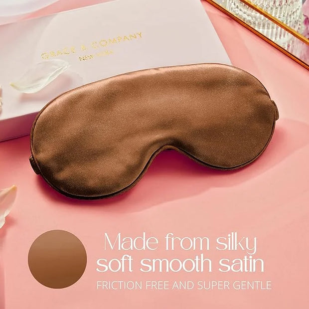 Grace & Company Silky Satin Eye Mask for Women - Premium Brown Satin Silk Sleep Mask - Hydrating, Ultra Soft & Lightweight...