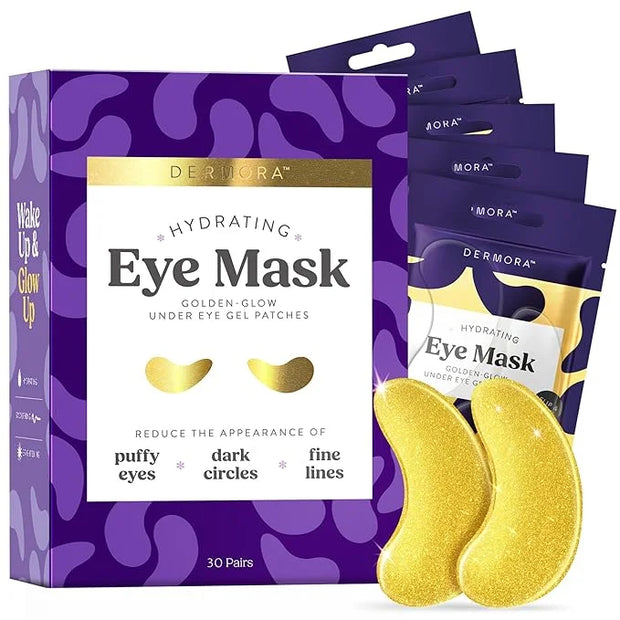 DERMORA Golden Glow Under Eye Patches (30 Pairs Eye Gels) - Rejuvenating Treatment for Dark Circles, Puffy Eyes, Refreshin...