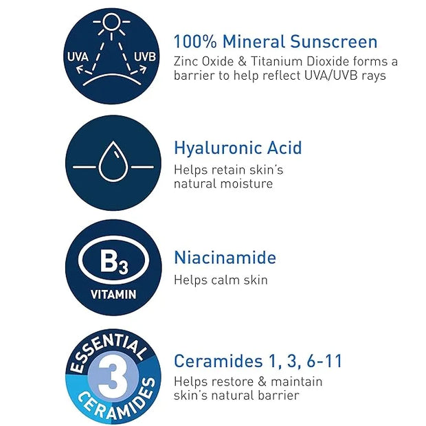 CeraVe 100% Mineral Sunscreen SPF 30 | Face sunscreen With Zinc Oxide & Titanium Dioxide | Hyaluronic Acid + Niacinamide +...