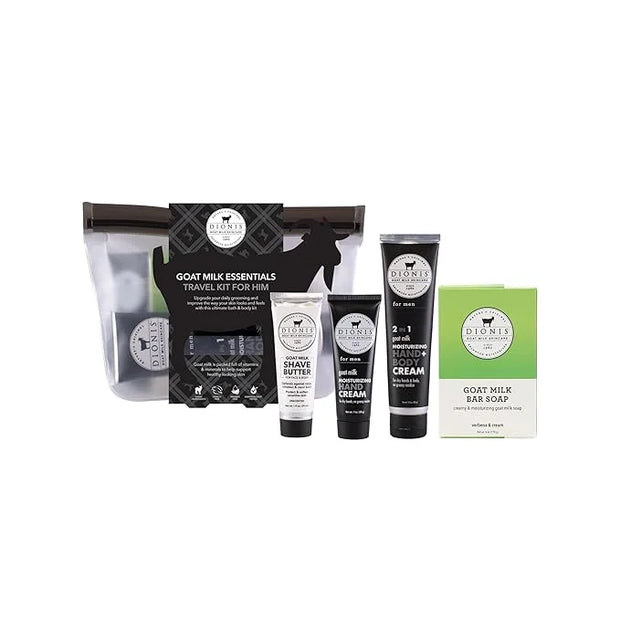 Dionis Goat Milk Skincare 5 Piece Goat Milk Travel Set for Men - Hydrating Bar Soap, Shave Butter, Hand & Body Cream - Ver...