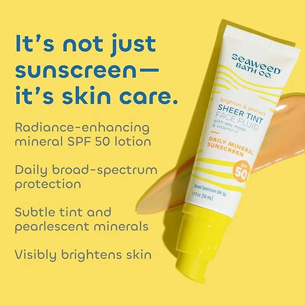Seaweed Bath Co. Brighten & Protect Sheer Tint Face Fluid SPF 50 Zinc Oxide Sunscreen Lotion, 1.7 Oz., Tinted Mineral Faci...