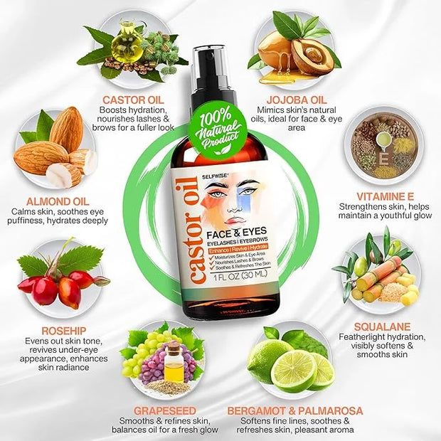 Organic Castor Oil For Face Moisturizer, Eyes, Eyelashes, Eyebrows, Wrinkles with Jojoba, Rosehip, Grapeseed, Squalane, Pa...