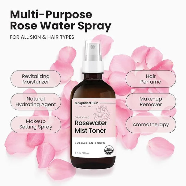 Rose Water Spray for Face & Hair (2-Pack) - Organic USDA Certified Rosewater Facial Toner - Alcohol-Free Makeup Setting Hy...