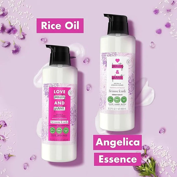 Love Beauty and Planet Shampoo Milk Moisture and Bounce for Waves and Curls Rice Oil and Angelica Essence 100 percent Biod...
