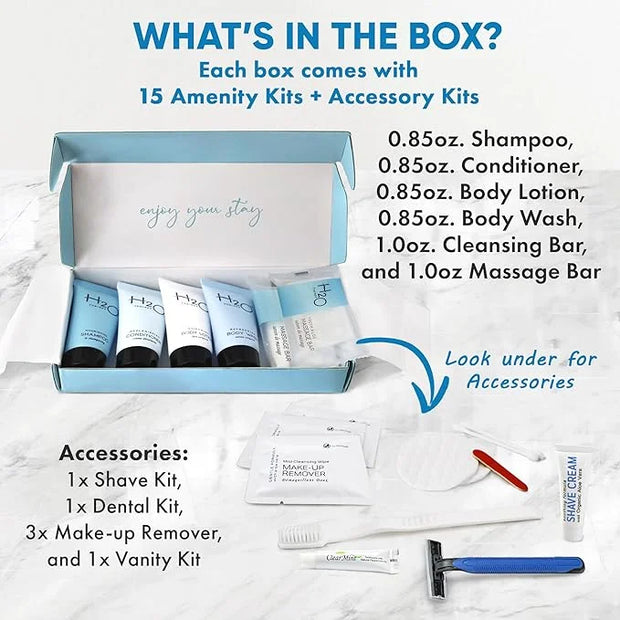 H2O Therapy Amenity & Accessory Kit | 0.85 oz Travel Size Shampoo, Conditioner, Lotion, Body Wash, Massage Bar, Cleansing ...