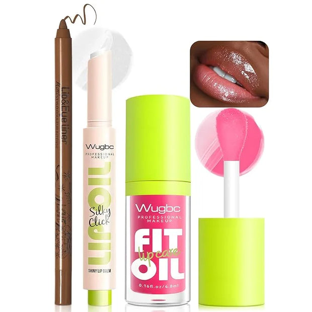 Brown Lip Liner Pink Lip Gloss Fat Oil Slick Click Clear Shimmer, Ultra-Hydrating Lip Balm Tinted Lip Glow Oil for Women M...