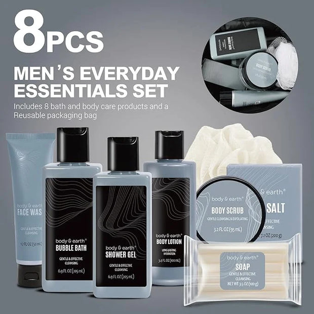 Gift Baskets for Men Body Wash Set Body & Earth Leathers Mens Bath Set with Body Lotion, Face Wash, Shower Gel, Bubble Bat...