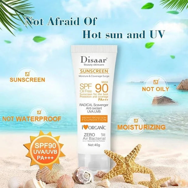 SPF 90 Sunscreen Instant Protection UVA UVB Foundation PA+++ Oil Free Sunblock Cover Protect Perfectly Moisturizing Covera...