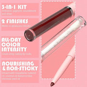 3-in-1Deep Purple Brown Matte Lip Stain Kit | Waterproof Lip Liner + Hydrating Matte Lip Gloss + Nourishing Lip Oil | Long...