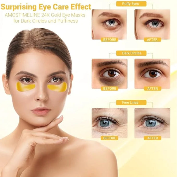 24K Gold Eye Masks for Dark Circles and Puffiness (6 Pairs) with Collagen, Aloe Vera & Hyaluronic Acid-Anti-Aging Under Ey...