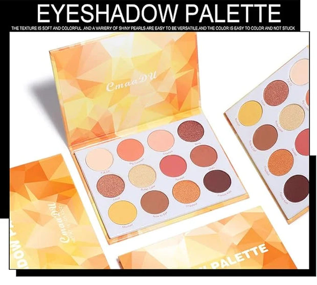 Glitter Matte Orange Yellow Eyeshadow Palette, 12 Colors Shimmer High Pigmented Eyeshadow Makeup Palette Lasting Waterproo...