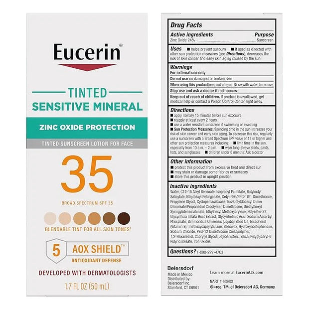 Eucerin Sun Tinted Sensitive Mineral Face Sunscreen Lotion SPF 35, Non-Comedogenic Mineral Sunscreen with Gentle Zinc Oxid...