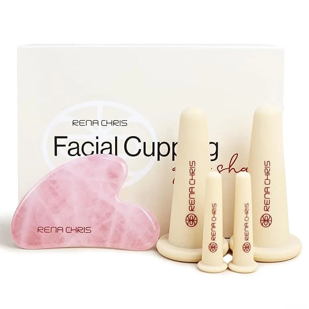 Rena Chris Facial Cupping Set & Gua Sha Facial Tool - Silicone Cupping Set & Rose Quartz Gua Sha Stone - Face Cupping Ther...