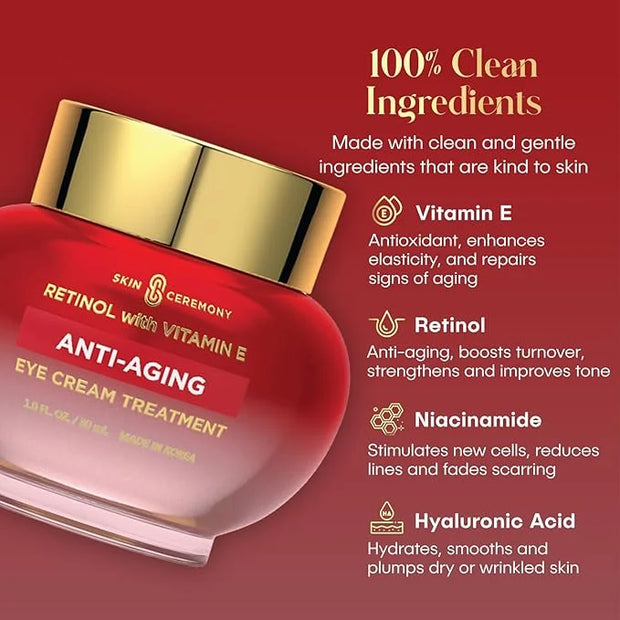 Retinol & Vitamin E Anti-Aging Eye Cream - Reduces Puffiness, Fine Lines & Crow’s Feet - Dermatologist Tested, Korean Skin...