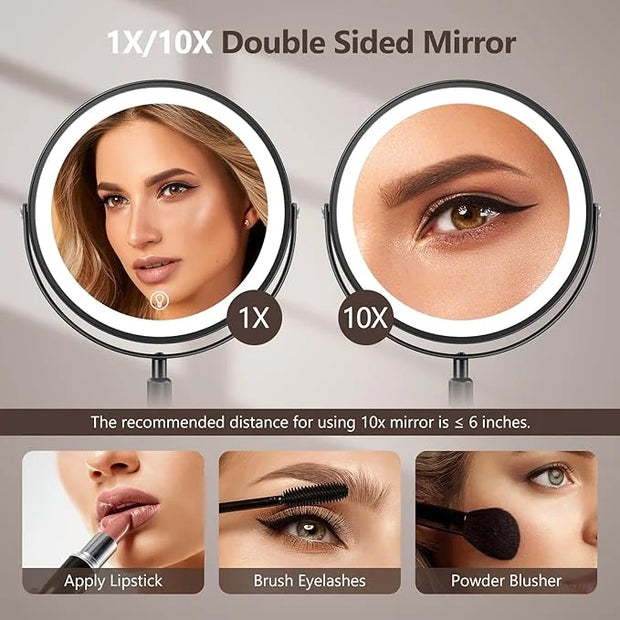 10x Large Lighted Makeup Mirror, Rechargeable 8" Height Adjustable Vanity Mirror, 1x/10x Magnifying Mirror with 3 Color, B...
