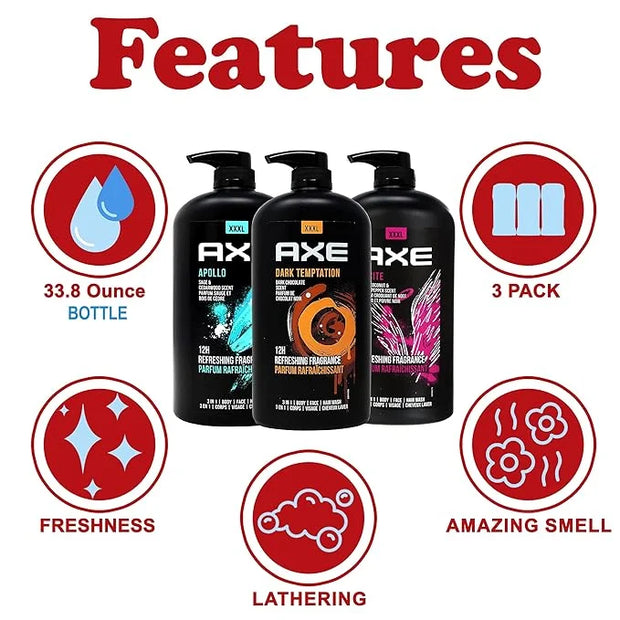 Axe Men's Body Wash Variety Set, Set of 3 Scents, Axe Dark Temptation, Apollo and Excite Body Wash, 3in1 Body and Face Was...