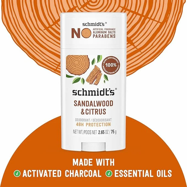 Schmidt's Aluminum-Free Vegan Deodorant Sandalwood & Citrus 4 Count for Women and Men, with 24 Hour Odor Protection, Natur...