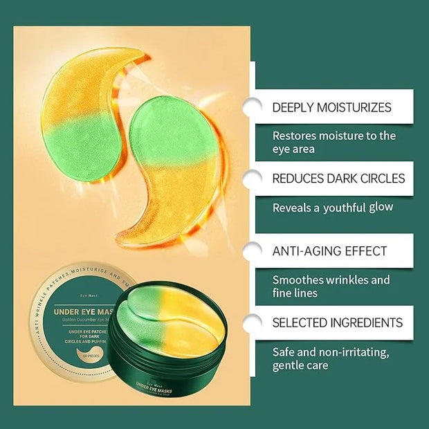 Under Eye Masks，Golden Cucumber Eye Mask 60 Tablets Set，Eye Mask for Fine Lines, Wrinkles, Dark Circles and Eye Puffiness，...